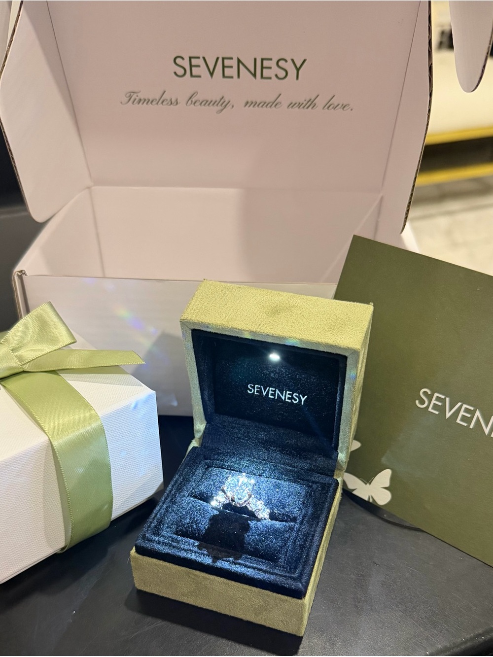 Sevenesy Deluxe brand engagement ring featuring large simulated diamond size 7